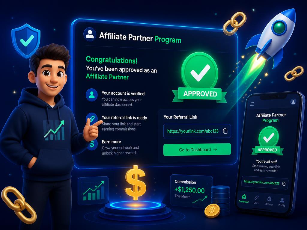 Cartoon creator clicking an approved partner application button on a brand website. A visual guide to top converting affiliate offers that help creators earn recurring monthly commissions through referral commissions. Featured on the High Paying Links directory of best affiliate links on the web, CJ Affiliate publisher network, Rakuten Advertising affiliate deals, and PartnerStack SaaS affiliate program offers. Perfect for YouTube description affiliate links, Instagram bio link money, and blogger affiliate income looking to build a full time online income. Explore e-commerce affiliate storefront, SaaS affiliate program payouts, and web hosting affiliate commissions alongside classic CJ Affiliate publisher network inventory. Every listing is a curated affiliate link library focused on generous referral bounty payouts of $20, $100, and even $1,000+ Make Money Online with www.HighPayingLinks.com.